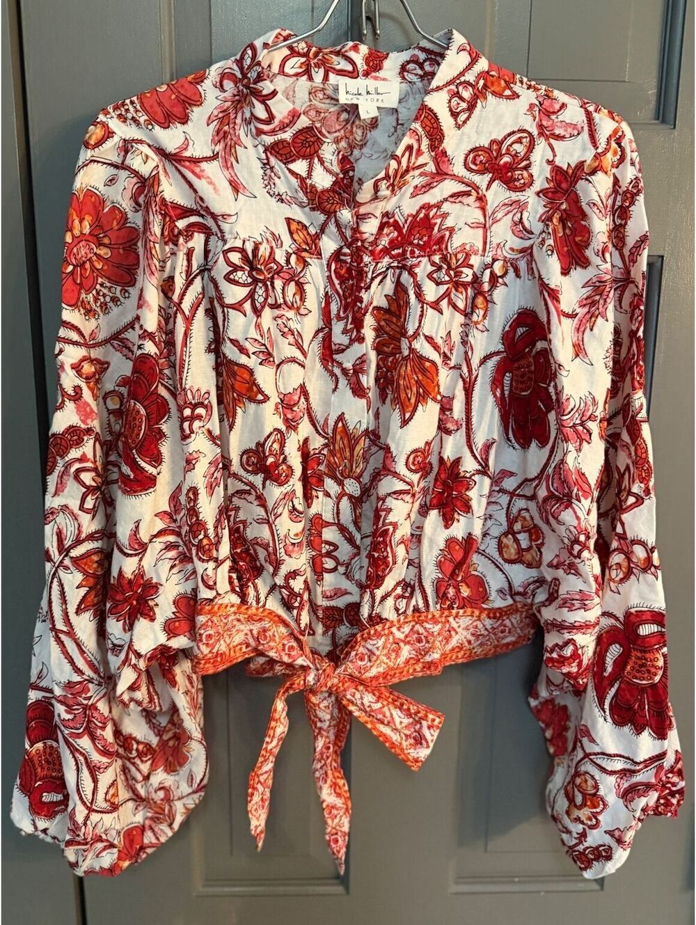 Nicole Miller Women's Boho Floral Linen Blend Tie-Front Crop Blouse Sz L